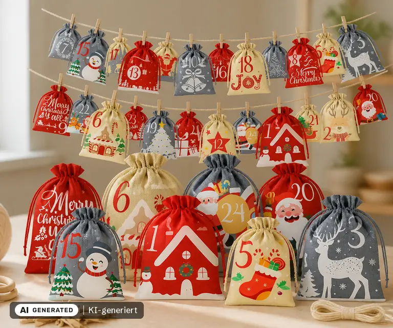 KI-generierte Illustration: Adventskalender Befüllen 24 Säckchen Stoffbeutel (Canvas, 4 Größen), 24 Türchen