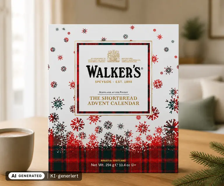 KI-generierte Illustration: Walker's The Shortbread Adventskalender, 24 Türchen
