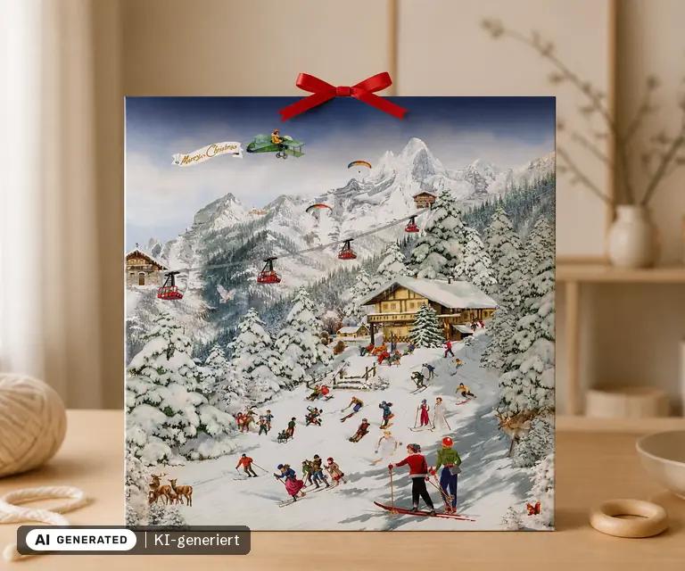 KI-generierte Illustration: Wand-Adventskalender, Fröhliche Skifreizeit in den Bergen, 24 Türchen