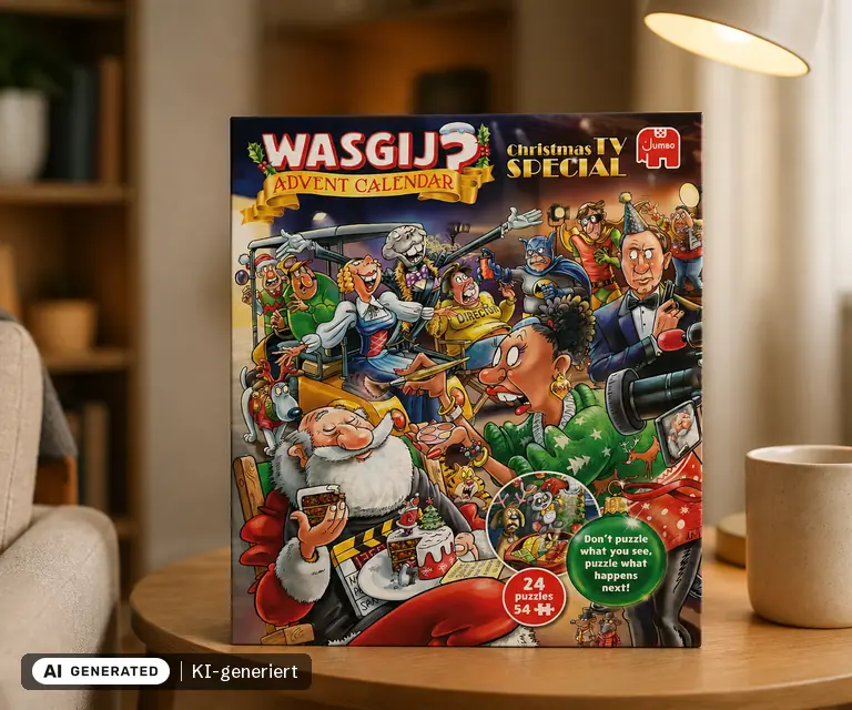 KI-generierte Illustration: Wasgij Christmas Puzzle-Adventskalender 2026 „Christmas TV Special“, 24 Türchen