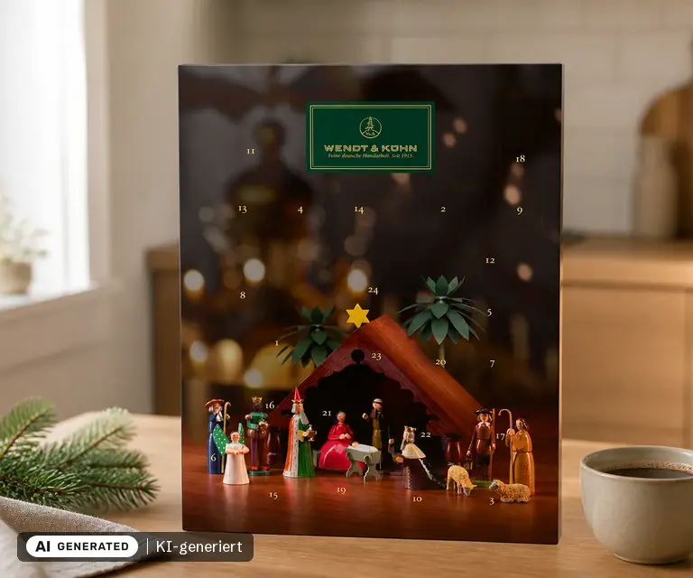 KI-generierte Illustration: Wendt & Kühn Adventskalender 2026 mit Figur, 24 Türchen
