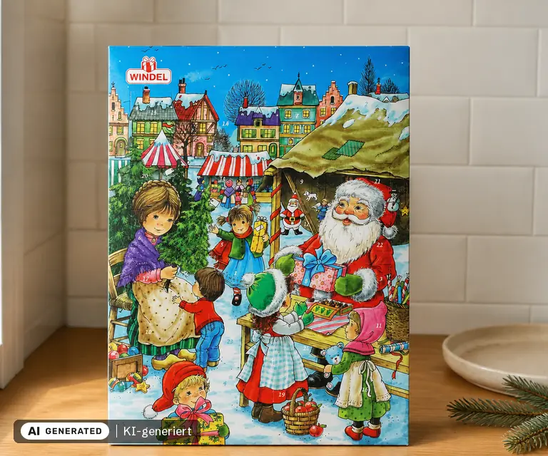 KI-generierte Illustration: Windel Adventskalender 75 g mit Vollmilchschokoladen-Figuren, 24 Türchen