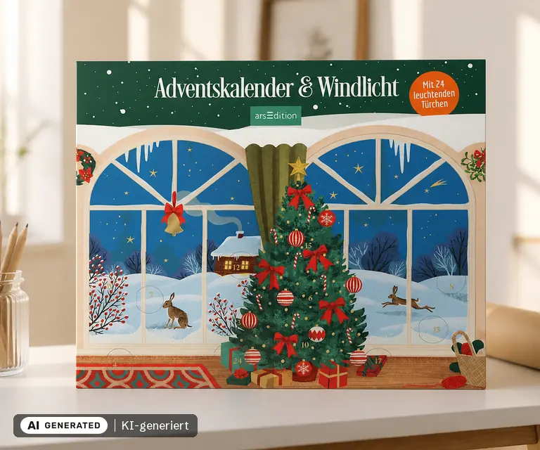KI-generierte Illustration: Windlicht-Adventskalender Lichterglanz, 24 Türchen