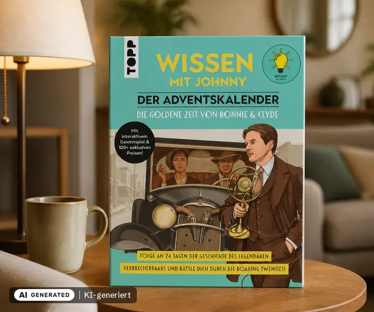 KI-generierte Illustration: Wissen mit Johnny: Der Adventskalender. Die goldene Zeit von Bonnie und Clyde (Buch, Ausgabe 2025), 24 Türchen