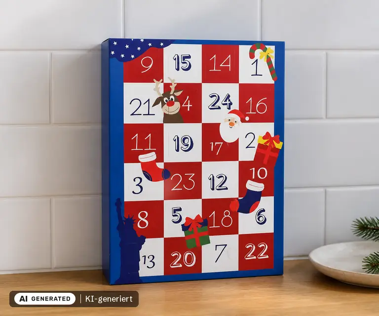 KI-generierte Illustration: World of Sweets USA Adventskalender, 24 Türchen