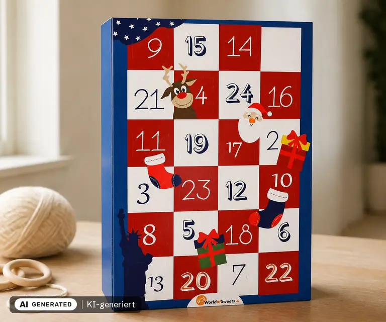 KI-generierte Illustration: World of Sweets USA Adventskalender 'rot-weiß-blau', 24 Türchen