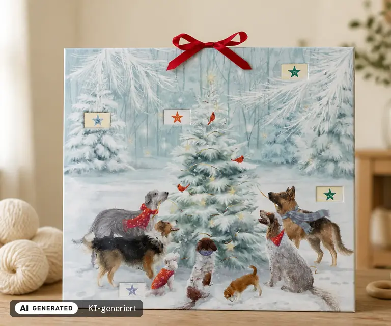 KI-generierte Illustration: Zettel-Adventskalender, Weihnachten auf vier Pfoten, 24 Türchen