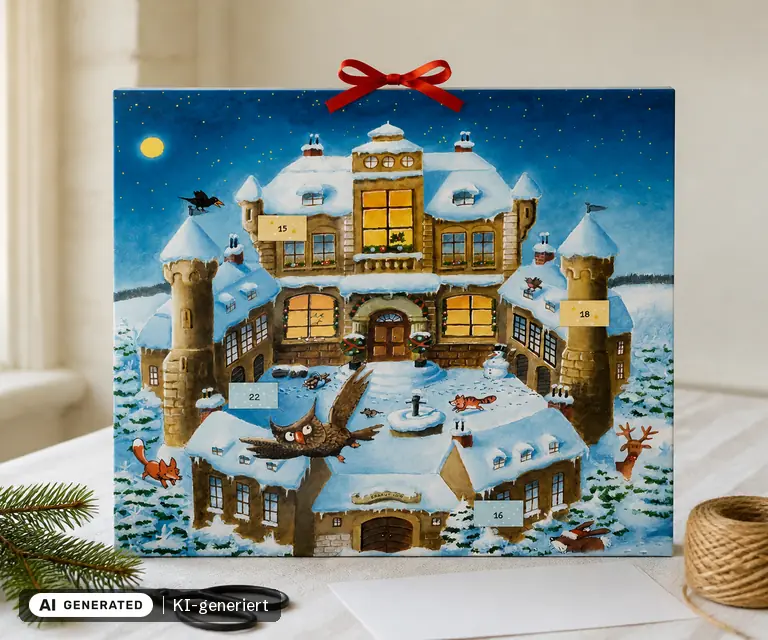 KI-generierte Illustration: Zettel-Adventskalender, Weihnachtsraub auf Burg Felsenfest, 24 Türchen